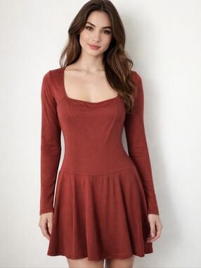 Reformation Square Neck Long-Sleeve Mini Dress in Rust, Medium